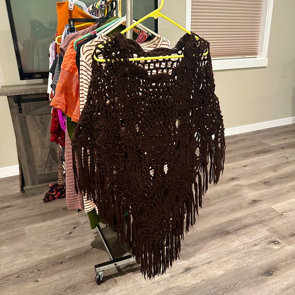 Handmade Women’s Brown Fringed Crochet-Knit Poncho❤️❤️One Size Plus-size - Picture 4 of 6